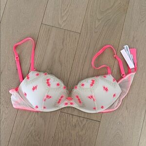 Victoria's Secret Cream and Pink Embroidered Bra